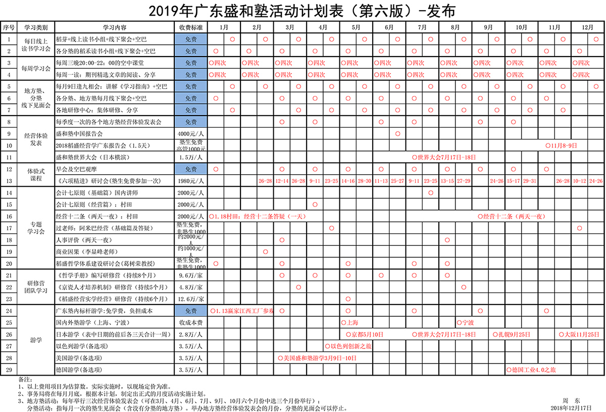 2019年度活动计划表